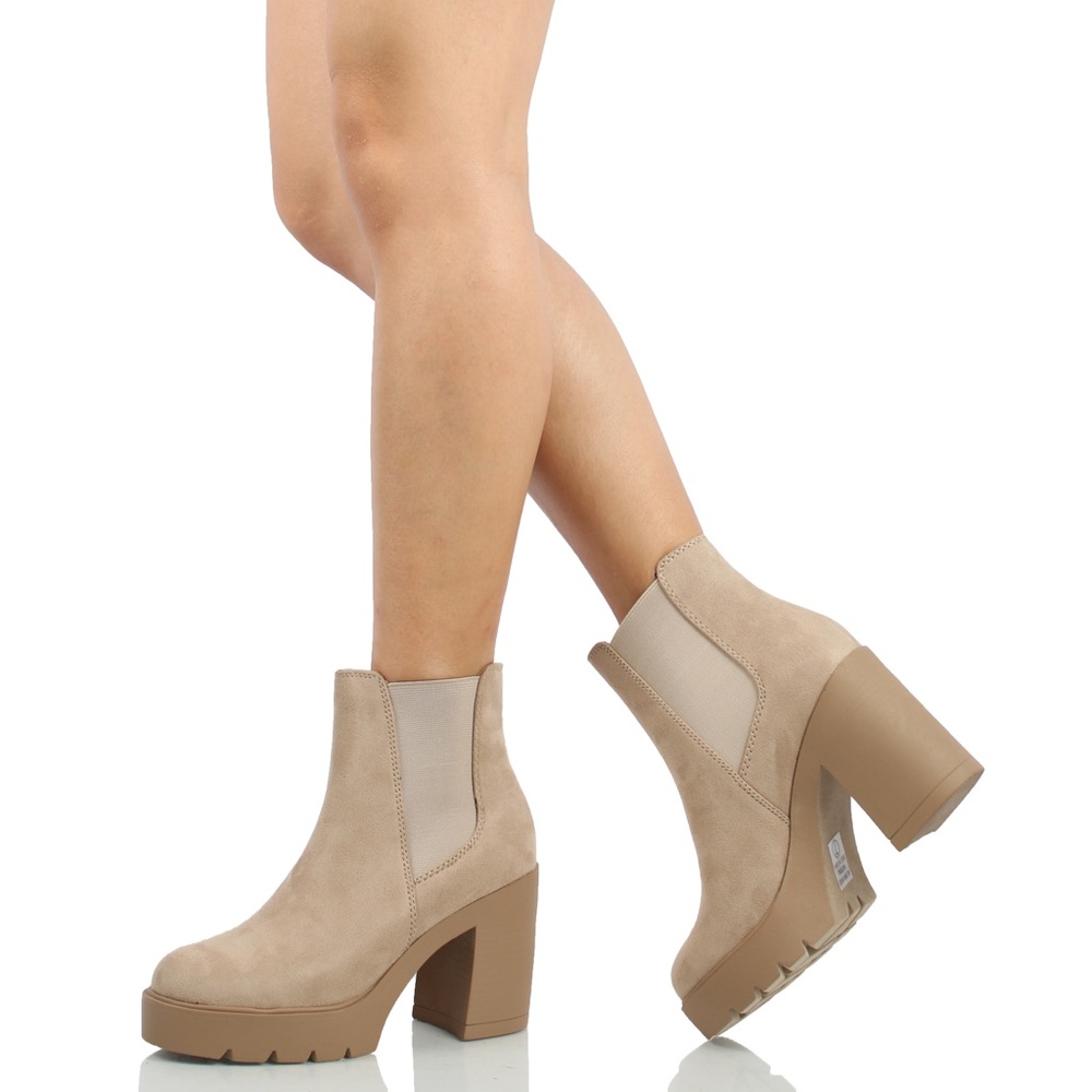 Light Wheat Faux Suede Chelsea Platform Block Heel Ankle Bootie - Picture 6 of 6